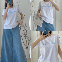 Áo Thun Thái Nữ Cổ Tròn Form suông Nhịp Trái Tim Chữ Moment - AG1223