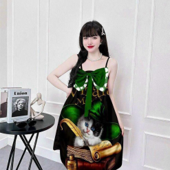 Đầm 2 dây form suông in nơ trước ngực - DBO2860