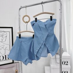 Sét jean demin áo cúp tà lệch + short rộng - VD5821