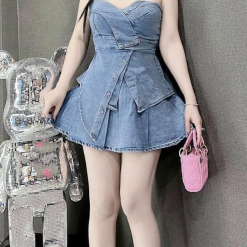 Sét jean demin áo cúp tà lệch + short rộng - VD5821