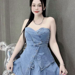 Sét jean demin áo cúp tà lệch + short rộng - VD5821