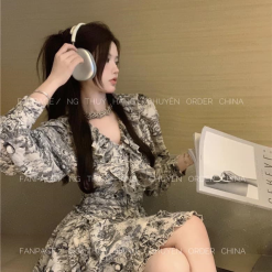 Đầm hoạ tiết bèo cổ v tà đắp - VD5822