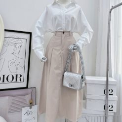 Sét sơ mi trắng rộng tay dơi + chân váy nude xoè - VD5823
