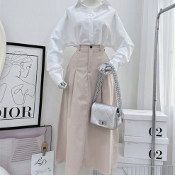 Sét sơ mi trắng rộng tay dơi + chân váy nude xoè - VD5823