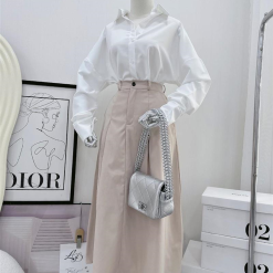 Sét sơ mi trắng rộng tay dơi + chân váy nude xoè - VD5823