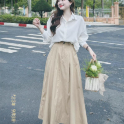 Sét sơ mi trắng rộng tay dơi + chân váy nude xoè - VD5823