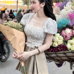 Sét áo đan eo vải thêu hoa nổi + chân váy xếp ly - VD5828