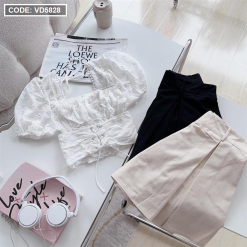 Sét áo đan eo vải thêu hoa nổi + chân váy xếp ly - VD5828