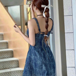 Đầm jean 2 dây thắt bím cúp ngực - VD5829