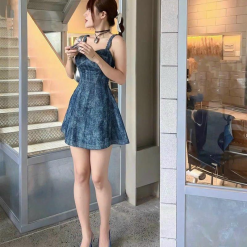 Đầm jean 2 dây thắt bím cúp ngực - VD5829