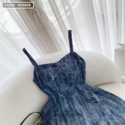 Đầm jean 2 dây thắt bím cúp ngực - VD5829