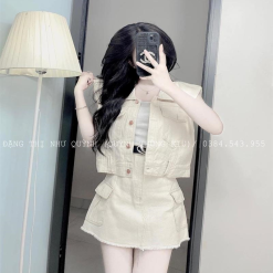 Sét jean trắng + chân váy túi hộp - VD5830