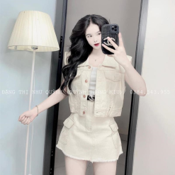 Sét jean trắng + chân váy túi hộp - VD5830