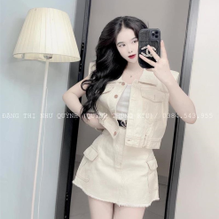 Sét jean trắng + chân váy túi hộp - VD5830