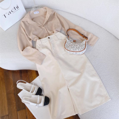Sét sơ mi nude + chân váy midi xẻ - VD5831