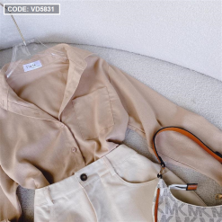 Sét sơ mi nude + chân váy midi xẻ - VD5831