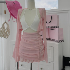 Sét khoác hồng + bra 2 dây trắng + chân váy xếp ly - VD5833