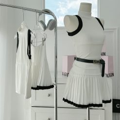 Sét áo trắng viền đen + chân váy xếp ly - VD5837