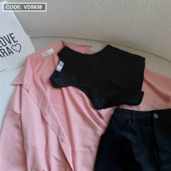 Sét sơ mi hồng kèm áo ba lỗ đen chân váy kaki - VD5838