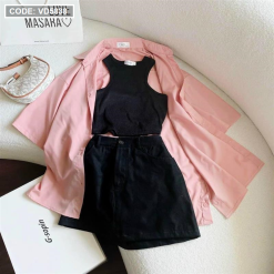 Sét sơ mi hồng kèm áo ba lỗ đen chân váy kaki - VD5838