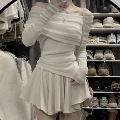 Sét áo len bẹt vai chân váy xoè - VD5839