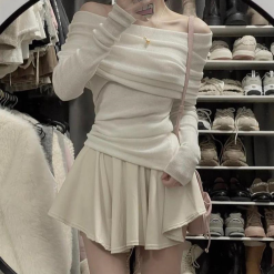 Sét áo len bẹt vai chân váy xoè - VD5839