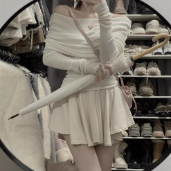 Sét áo len bẹt vai chân váy xoè - VD5839