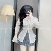 Sét áo trắng trễ vai tay loe + chân váy jean túi hộp - VD5843