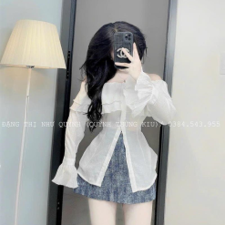 Sét áo trắng trễ vai tay loe + chân váy jean túi hộp - VD5843