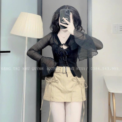 Sét sơ mi đen đen sọc + bra 2 dây + chân váy kaki nâu kèm belt - VD5844