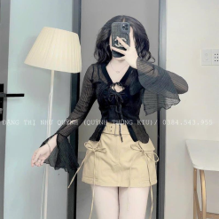 Sét sơ mi đen đen sọc + bra 2 dây + chân váy kaki nâu kèm belt - VD5844