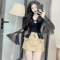 Sét sơ mi đen đen sọc + bra 2 dây + chân váy kaki nâu kèm belt - VD5844