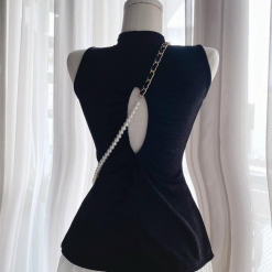 Sét áo đen xẻ tà khoét lưng + chân váy midi xoè - VD5845