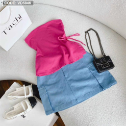 Sét áo ống hồng đan dây eo + chân váy jean - VD5846