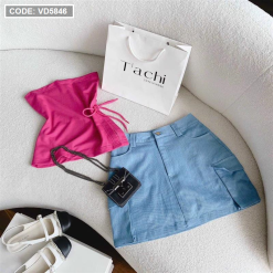 Sét áo ống hồng đan dây eo + chân váy jean - VD5846
