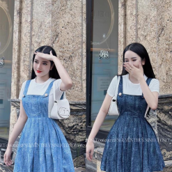 Sét áo thun trắng + yếm jean loang xếp ly - VD5847