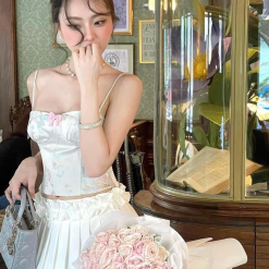 Sét áo gấm hoạ 2 dây cúp nhún nơ ngực + chân váy xếp ly - VD5848