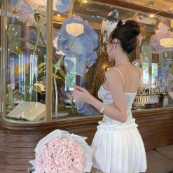 Sét áo gấm hoạ 2 dây cúp nhún nơ ngực + chân váy xếp ly - VD5848