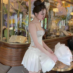 Sét áo gấm hoạ 2 dây cúp nhún nơ ngực + chân váy xếp ly - VD5848