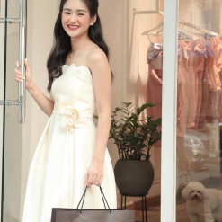 Đầm phi kèm cúp ngực gợn sóng xoè kèm dây hoa - VD5849