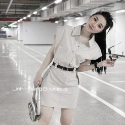 Đầm kaki trắng sữa nút bấm 4 nút kèm nịt - VD5850