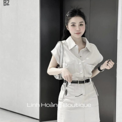 Đầm kaki trắng sữa nút bấm 4 nút kèm nịt - VD5850