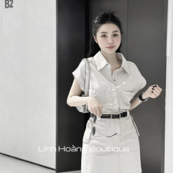 Đầm kaki trắng sữa nút bấm 4 nút kèm nịt - VD5850