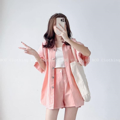 Sét kaki hồng kèm áo crop trắng 2 dây + short - VD5866
