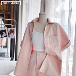 Sét kaki hồng kèm áo crop trắng 2 dây + short - VD5866