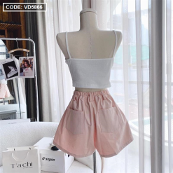 Sét kaki hồng kèm áo crop trắng 2 dây + short - VD5866