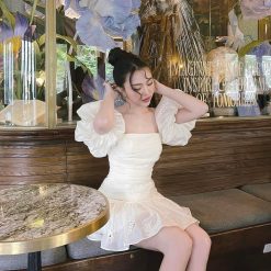 Đầm kem xô thêu 2 dây vai rớt phồng tùng bèo - VD5868