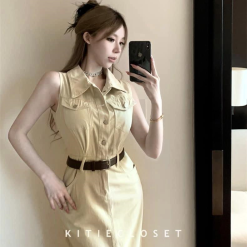 Đầm sơ mi kaikai nude túi hộp sn kèm nịt - VD5869