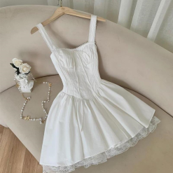 Đầm trắng 2 dây viền ren xếp nơ ngực tùng xoè phối ren lưới - VD5870