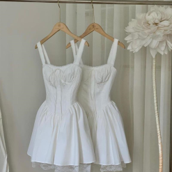 Đầm trắng 2 dây viền ren xếp nơ ngực tùng xoè phối ren lưới - VD5870